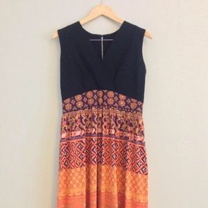 70s Vintage Black + Orange Print Maxi Dress